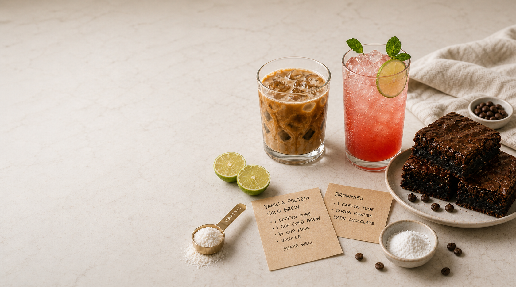 Iced coffee, watermelon refresher, brownies, measuring spoon, and recipe notes on a marble counter