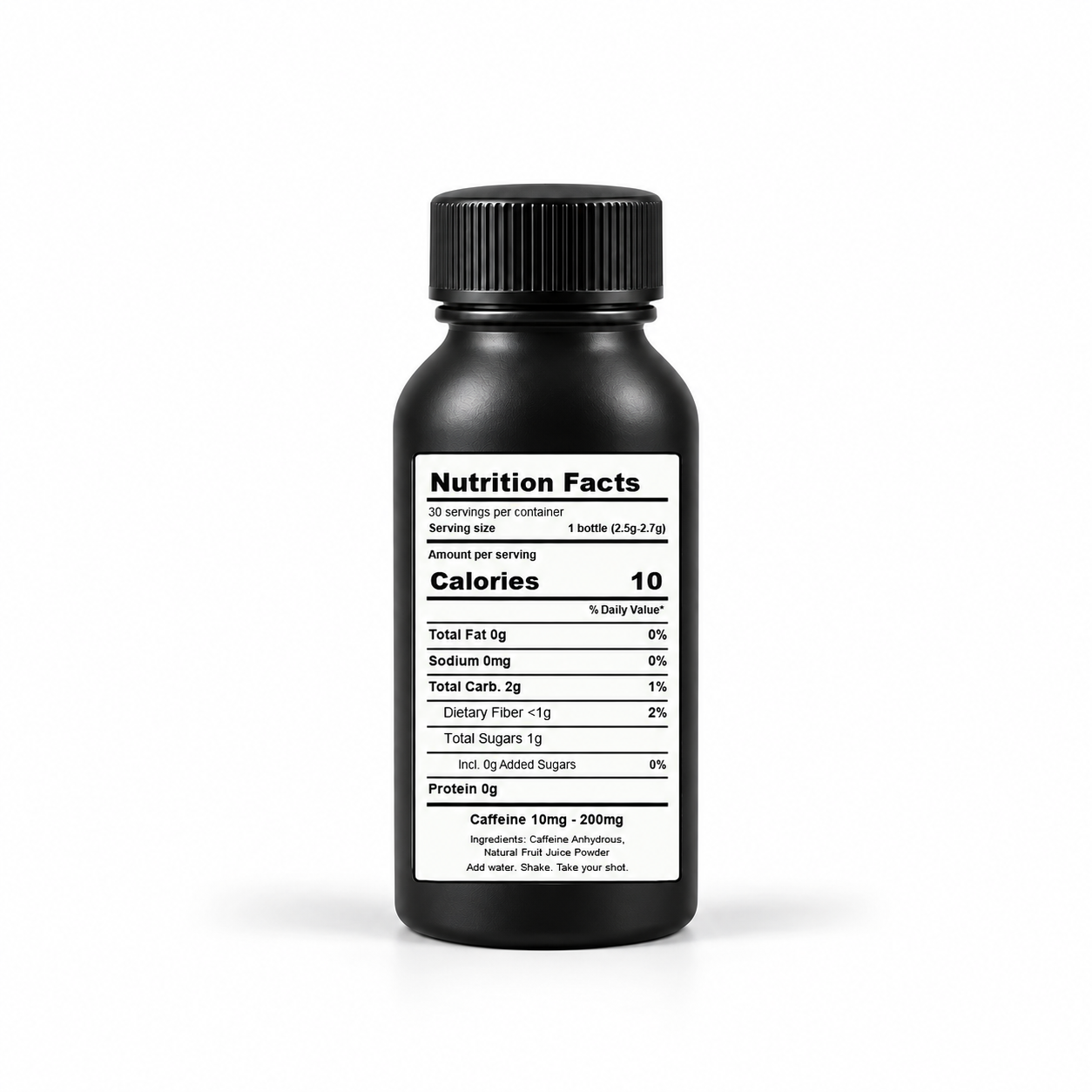 Back of black CAFFYN energy shot bottle with nutrition facts label