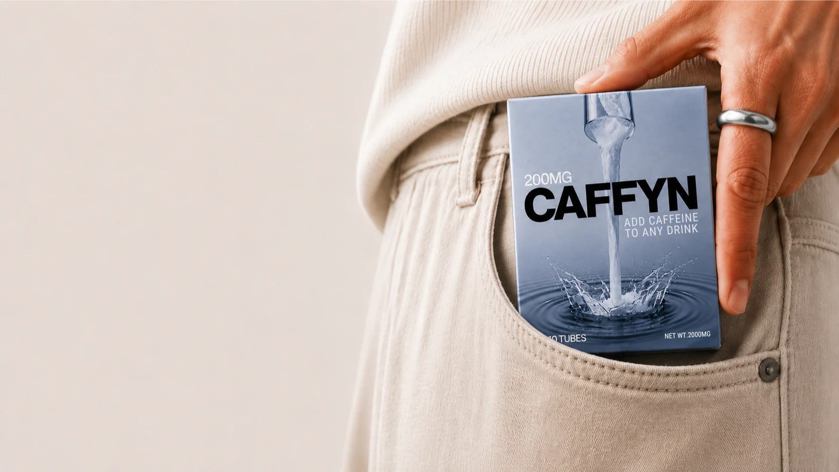 CAFFYN 200mg caffeine tubes pack carried in a pocket
