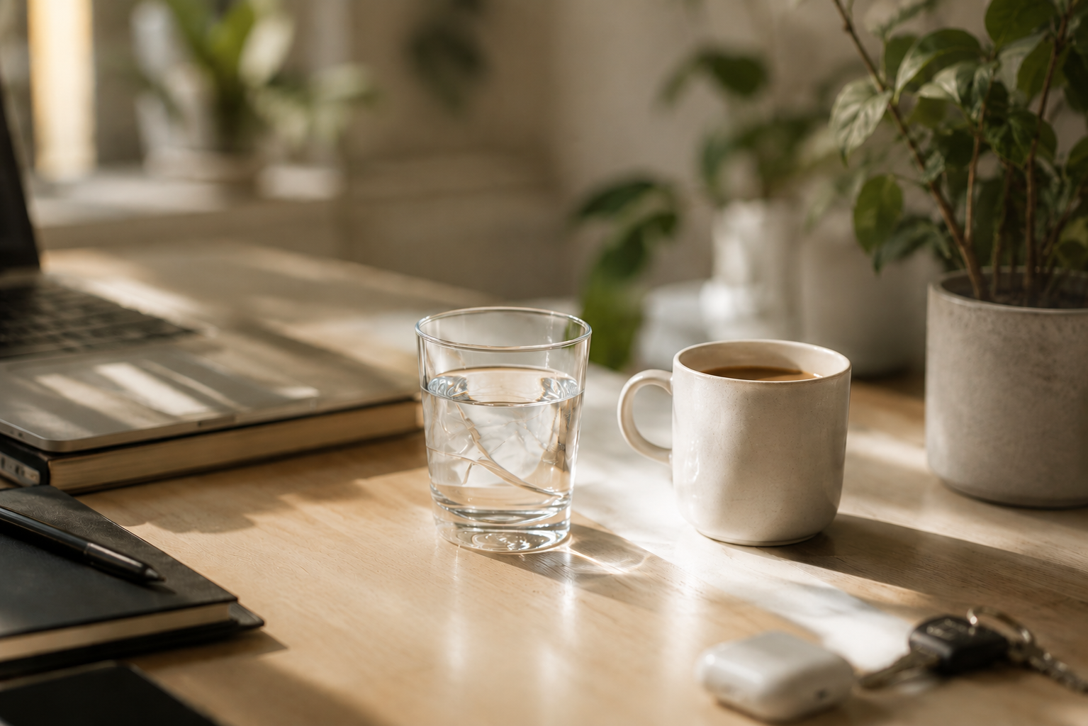 Morning desk with water and coffee for CAFFYN caffeine
